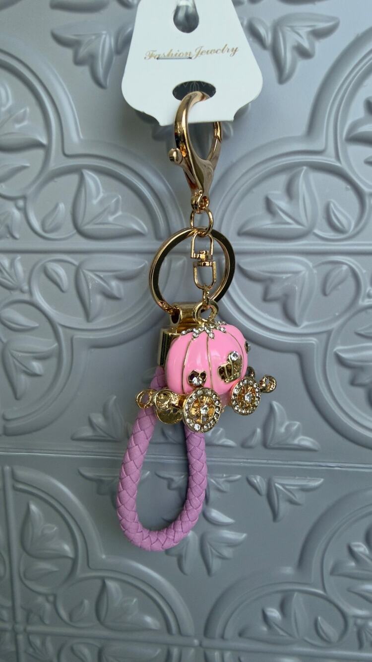 Rhinestone Pink Princess Pumpkin Carriage Keychain Wristlet Strap Bag Charm NEW